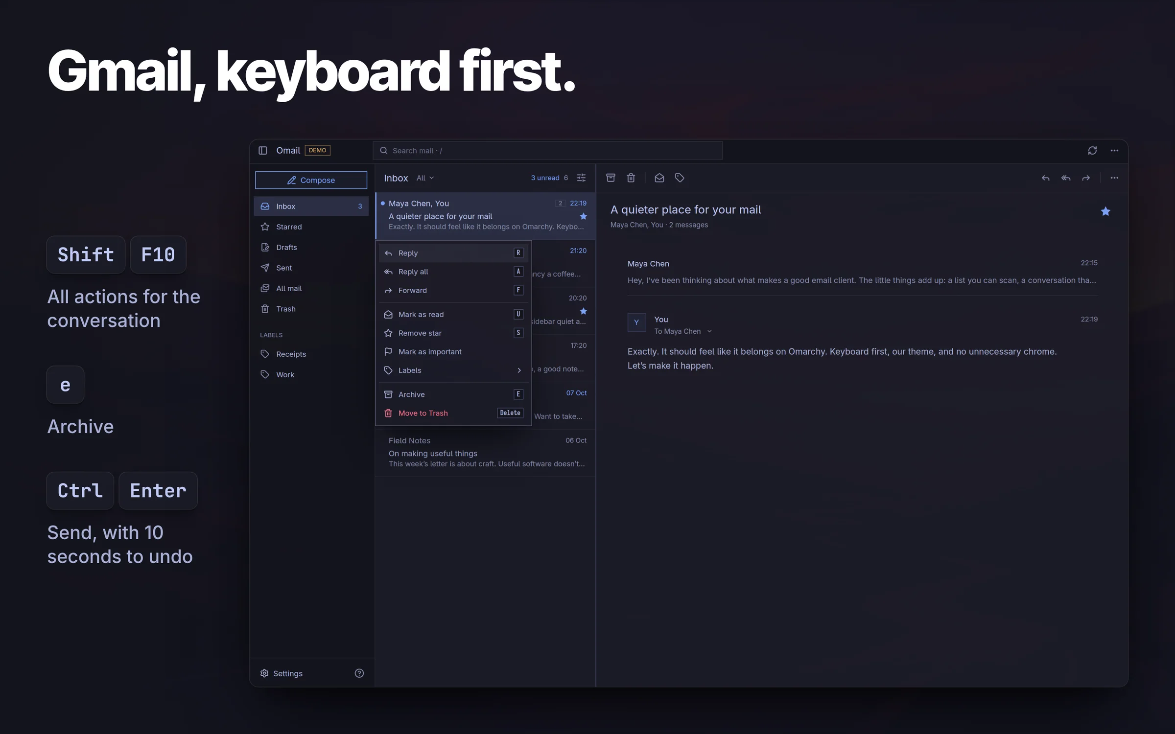 Omail inbox with the conversation actions menu and keyboard shortcuts