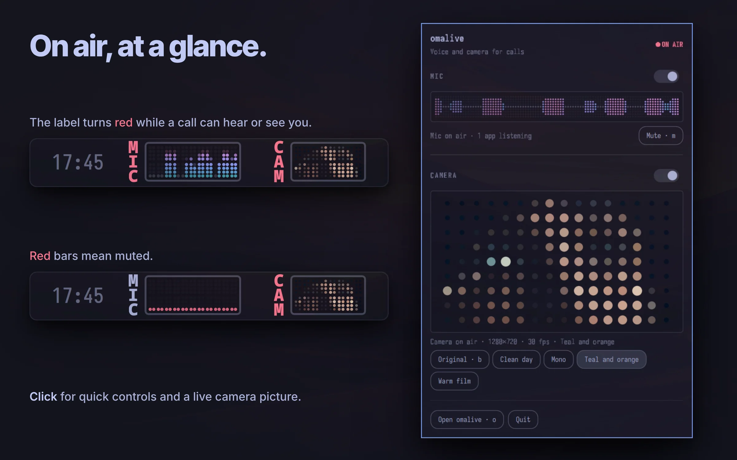 Omalive bar widget live and muted, and its panel with camera preview