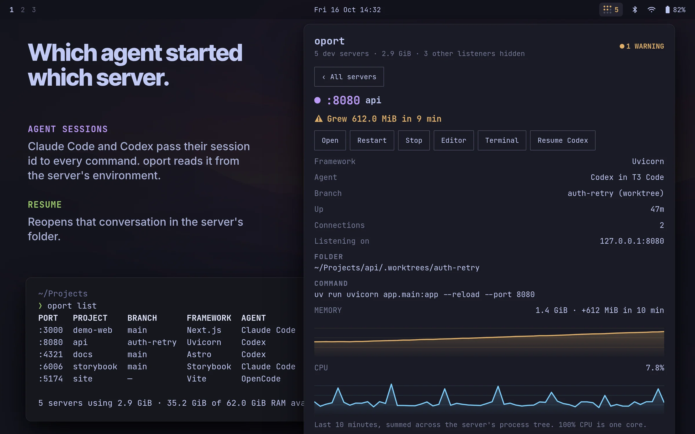oport panel showing a dev server started by Codex, with oport list in a terminal