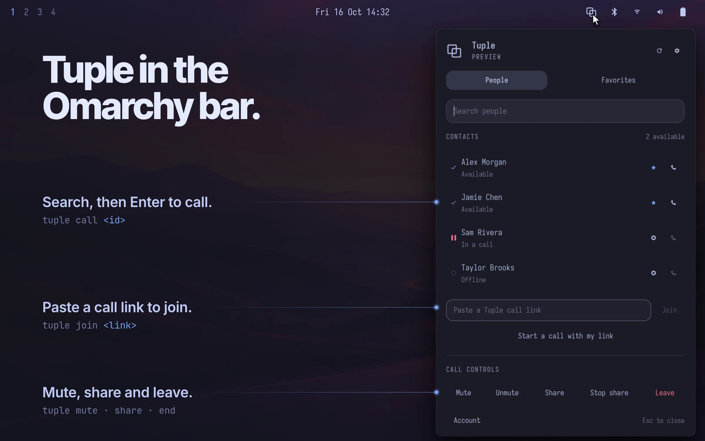 Otuple panel open under its bar button, with demo contacts